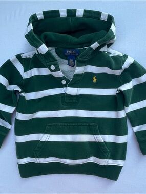 Polo Ralph Lauren Kids Green & White Striped Rugby Hoodie Boys 3T Yellow Pony